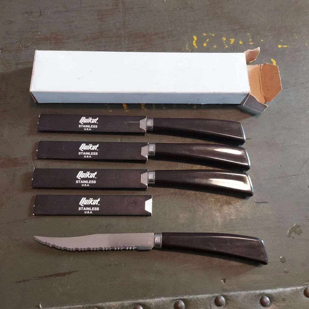 Quikut Stainless USA Steak Knife Set of 4 Dark Brown Handle 8 inch Serrated MCM